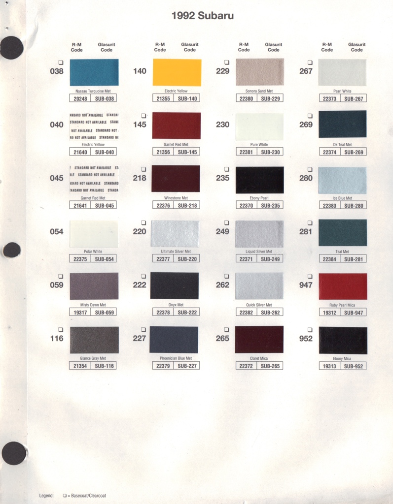 1992 Subaru Paint Charts RM